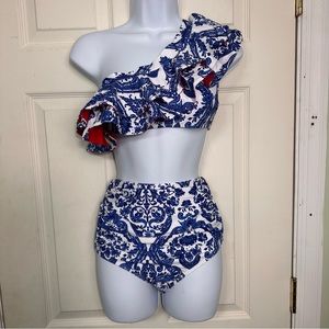 NWT Sporlike high waisted, flounce one shoulder Bikini, Blue &￼ White Size Small